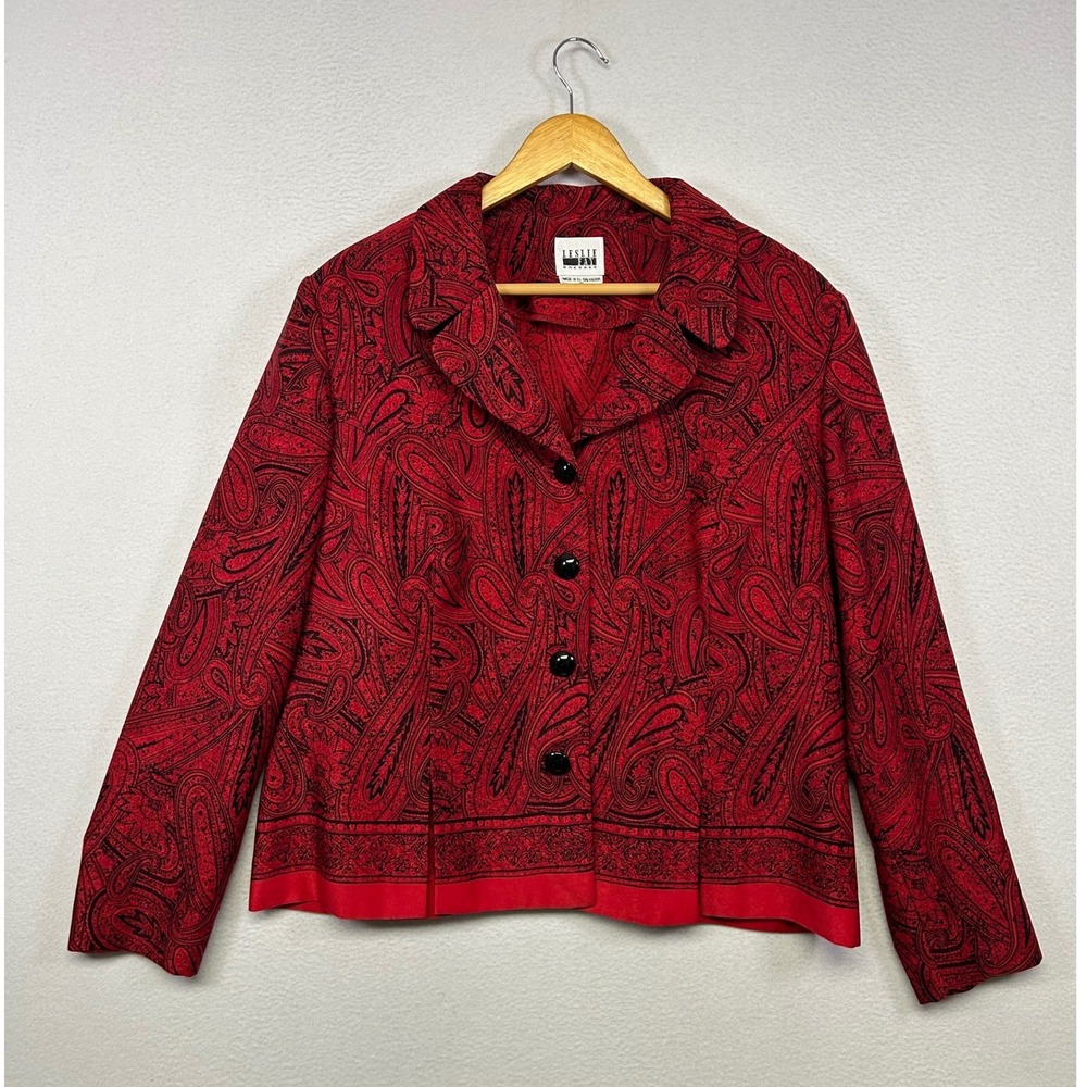 Boho Retro Leslie Fay Women 18 Red Black Paisley Button Up Blazer Jacket
